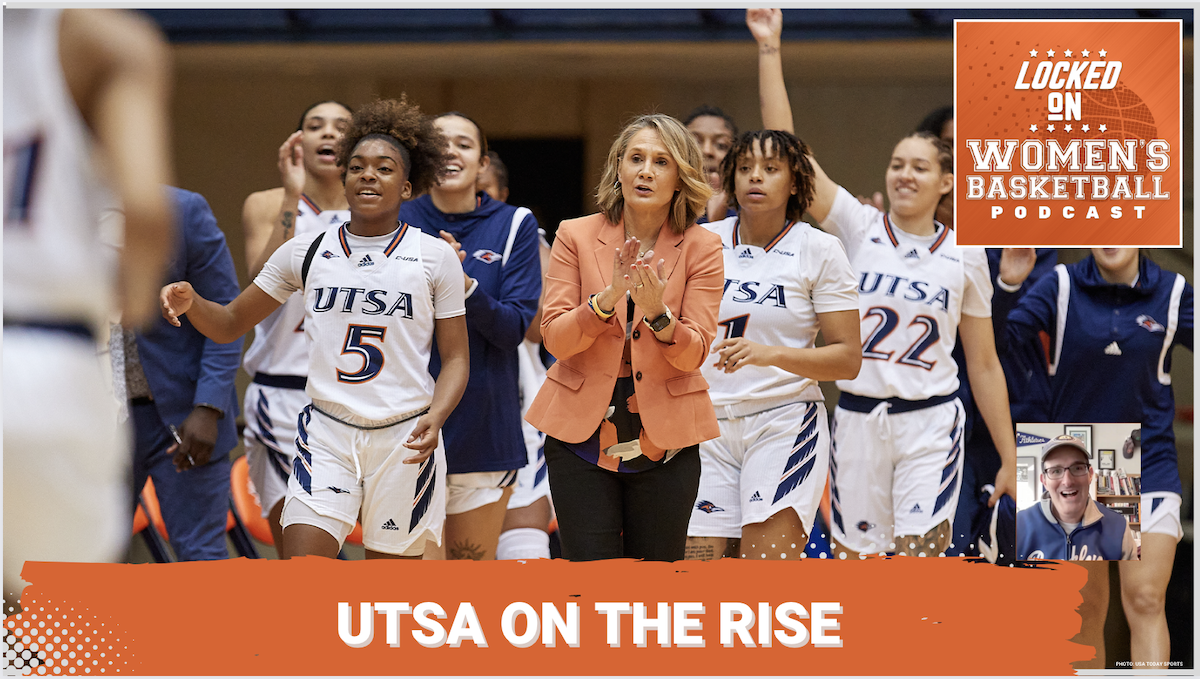 Graphic with a photo of the UTSA sideline and coach Karen Aston. Text below reads "UTSA on the rise."